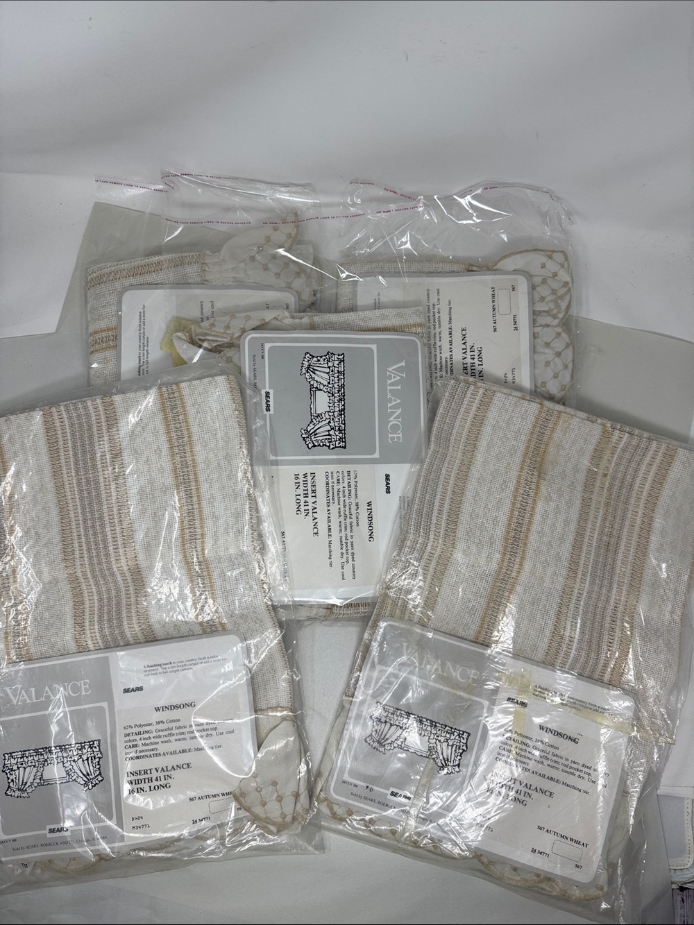 VINTAGE SEARS VALANCE WINDSONG AUTUMN WHEAT LOT OF 5 41" X 16" RUFFLED TRIM